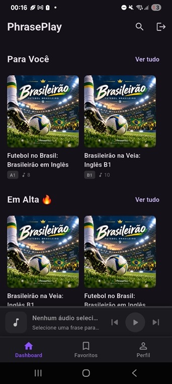 Tela inicial do app PhrasePlay com playlists bilíngues
