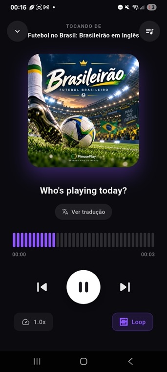 Player do PhrasePlay tocando uma frase em inglês com tradução
